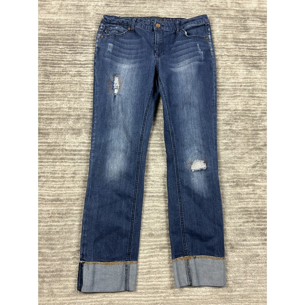 V-GOLD Jeans Women 35 Blue Straight Leg Distressed Wide Cuff Embroidered Denim